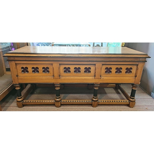 171 - LIBRARY CENTRE TABLE, 74cm x 88cm H x 190cm L, oak Victorian, ebonised and red velvet lined with car... 