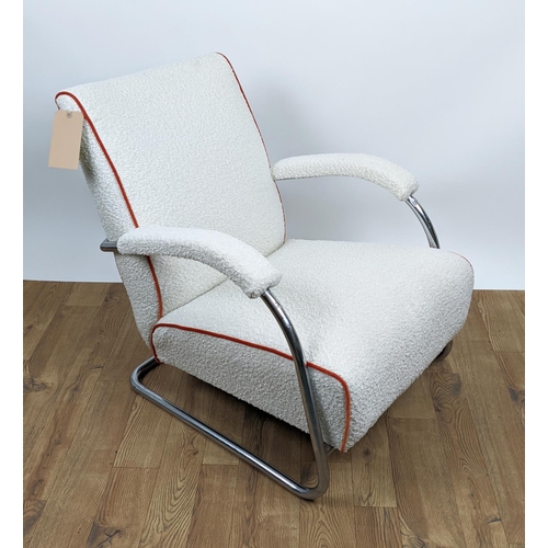 167 - ARMCHAIR, circa 1970s, chrome tubular framed cantilever design with boucle upholstery, 75cm H x 68cm... 