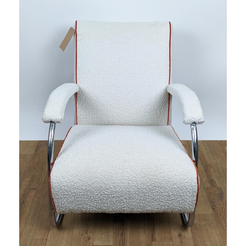 167 - ARMCHAIR, circa 1970s, chrome tubular framed cantilever design with boucle upholstery, 75cm H x 68cm... 