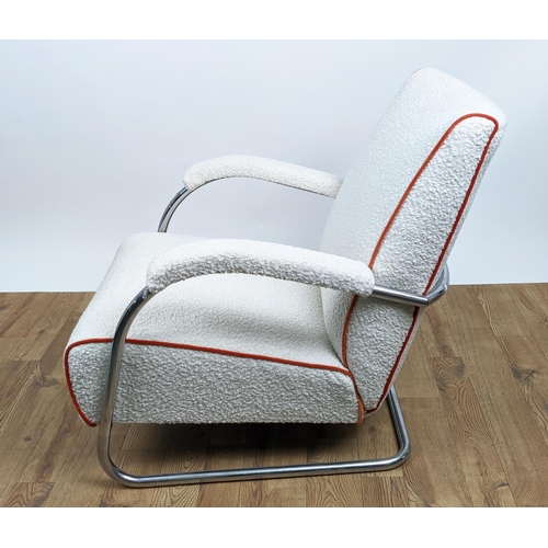 167 - ARMCHAIR, circa 1970s, chrome tubular framed cantilever design with boucle upholstery, 75cm H x 68cm... 