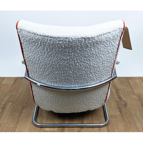 167 - ARMCHAIR, circa 1970s, chrome tubular framed cantilever design with boucle upholstery, 75cm H x 68cm... 