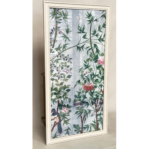 565 - FRAMED PRINT, of birds and peonies, 161cm H x 82cm W.