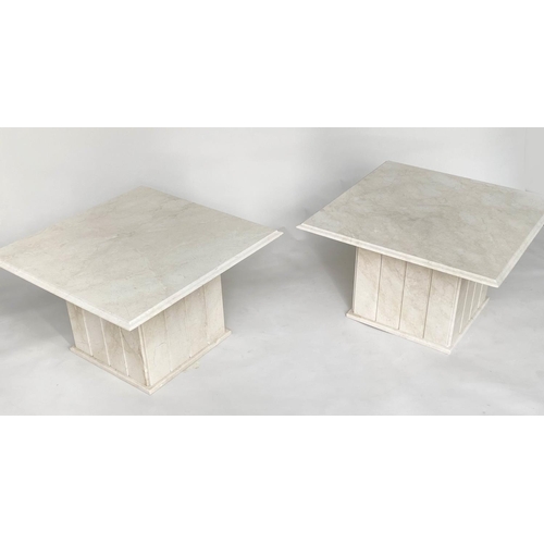 566 - LAMP TABLES, a pair, square figured carrara white marble raised upon square column bases, 76cm x 76c... 