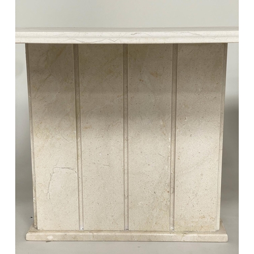 566 - LAMP TABLES, a pair, square figured carrara white marble raised upon square column bases, 76cm x 76c... 