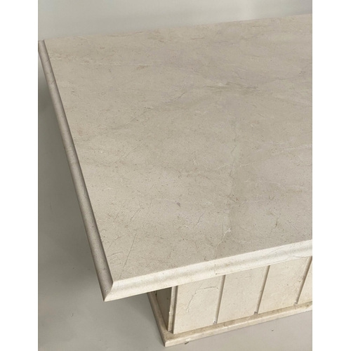 566 - LAMP TABLES, a pair, square figured carrara white marble raised upon square column bases, 76cm x 76c... 