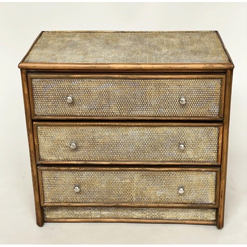 286 - BAMBOO CHEST, wicker panelled and cane bound with three long drawers, 79cm x 46cm x 72cm H. (To be s... 