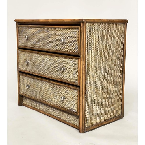 286 - BAMBOO CHEST, wicker panelled and cane bound with three long drawers, 79cm x 46cm x 72cm H. (To be s... 