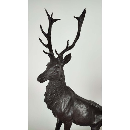 508 - AFTER J MOIGNIEZ STAGS, a pair, raised on black marble bases, 77cm H x 38cm W x 20cm D.