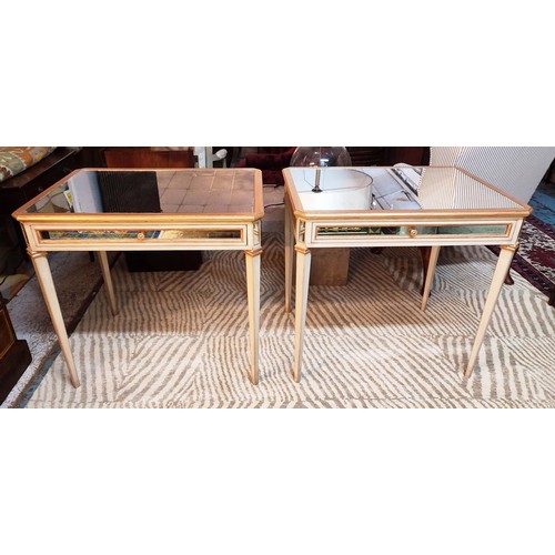 153 - END TABLES, a pair, each 85cm W x 79cm H x 65cm D, with antiqued mirrored tops and distressed painte... 