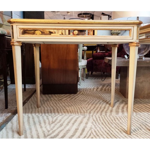 153 - END TABLES, a pair, each 85cm W x 79cm H x 65cm D, with antiqued mirrored tops and distressed painte... 