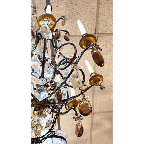 418 - CHANDELIER, approx 60cm x 80cm H, the metal frame with glass droplets.