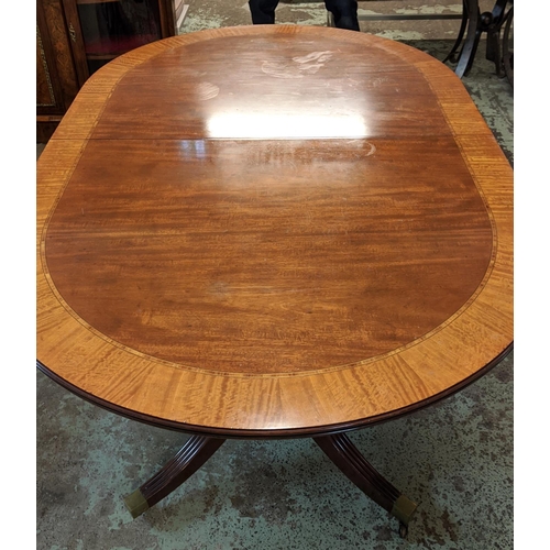 382 - DINING TABLE, Regency style mahogany with crossbanded detail, with two extra leaves on twin quadrafo... 