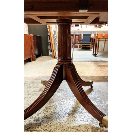 382 - DINING TABLE, Regency style mahogany with crossbanded detail, with two extra leaves on twin quadrafo... 