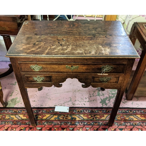 403 - LOWBOY, George III oak with mahogany crossbanded detail and three drawers, 77cm x 49cm x 78cm H.