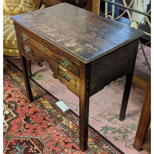 403 - LOWBOY, George III oak with mahogany crossbanded detail and three drawers, 77cm x 49cm x 78cm H.