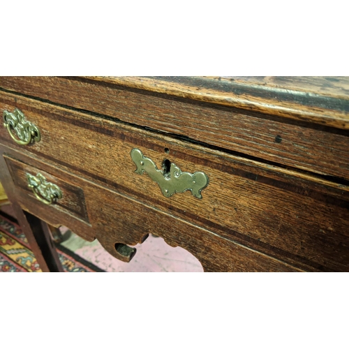 403 - LOWBOY, George III oak with mahogany crossbanded detail and three drawers, 77cm x 49cm x 78cm H.