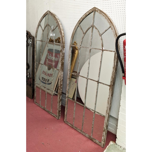 473 - WALL MIRRORS, a pair, in the Gothic style, overlaid glazing bars, white painted aged frames, 158cm H... 