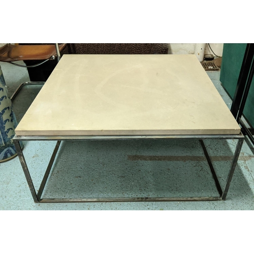 474 - LOUISE BRADLEY LOW TABLE, with a stone top on a metal base, 100cmx  100cm x 47cm H.