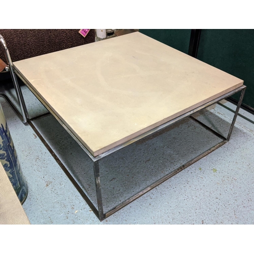 474 - LOUISE BRADLEY LOW TABLE, with a stone top on a metal base, 100cmx  100cm x 47cm H.