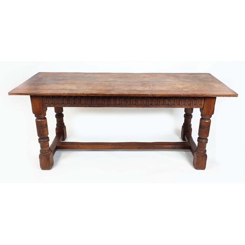 179 - ELIZABETHAN STYLE OAK REFECTORY DINING TABLE, 75cm H x 183cm W x 71cm D.