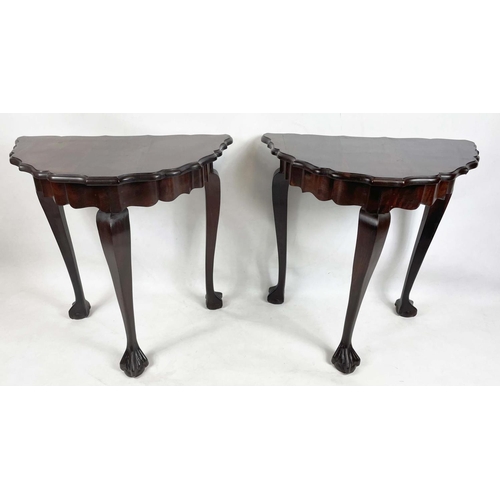 183 - HALL TABLES, a pair, Irish Georgian 18th century style, shaped pie crust edge on cabriole legs with ... 