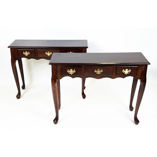 181 - CONSOLE TABLES, a pair, George III design, mahogany each with three drawers, 69cm H x 92cm W x 30cn ... 