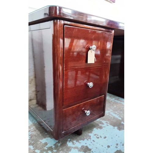 332 - DESK, Art Deco style, mahogany, glass top, door enclosing drawers, with drawer below kneehole space,... 