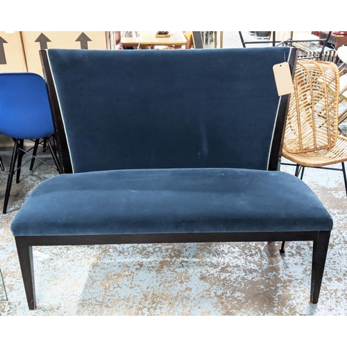 327 - HALL SEAT, blue velvet upholstery, yellow patterned fabric to back, ebonised legs, 97cm H x 120cm W ... 