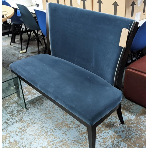 327 - HALL SEAT, blue velvet upholstery, yellow patterned fabric to back, ebonised legs, 97cm H x 120cm W ... 