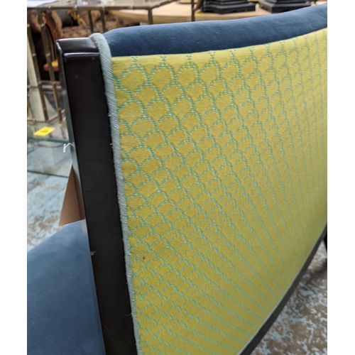 327 - HALL SEAT, blue velvet upholstery, yellow patterned fabric to back, ebonised legs, 97cm H x 120cm W ... 