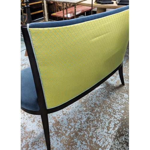 327 - HALL SEAT, blue velvet upholstery, yellow patterned fabric to back, ebonised legs, 97cm H x 120cm W ... 