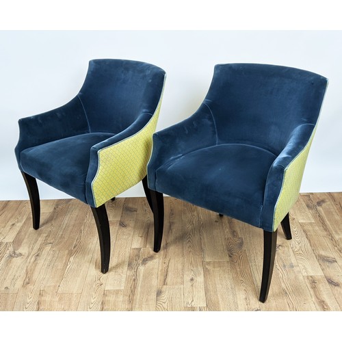 328 - DINING CHAIRS, a set of six, upholstered in blue velvet with yellow patterned fabric to back, ebonis... 