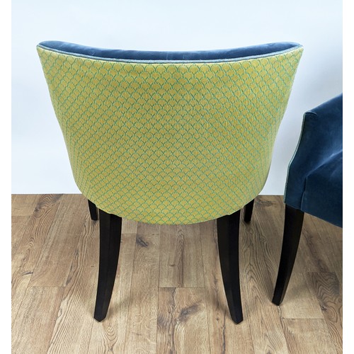 328 - DINING CHAIRS, a set of six, upholstered in blue velvet with yellow patterned fabric to back, ebonis... 