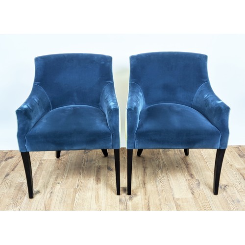 328 - DINING CHAIRS, a set of six, upholstered in blue velvet with yellow patterned fabric to back, ebonis... 