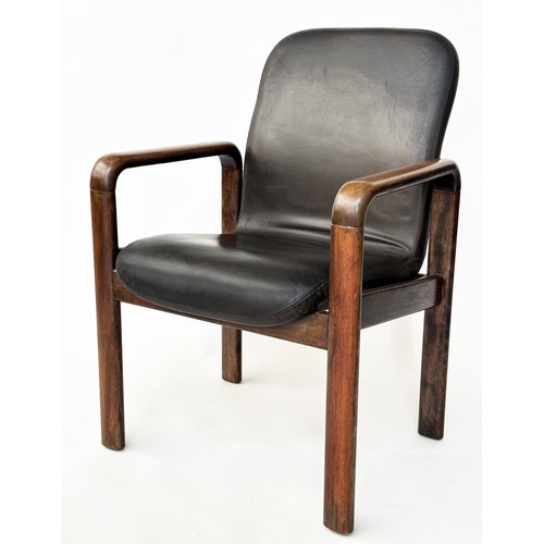 323 - DYRLUND ARMCHAIRS, a pair, mid 20th century Danish with stitched leather back and seats with teak su... 