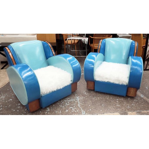 318 - ARMCHAIRS, a pair, vintage Art Deco, in a later vinyl and faux fur upholstery, 90cm W. (2)