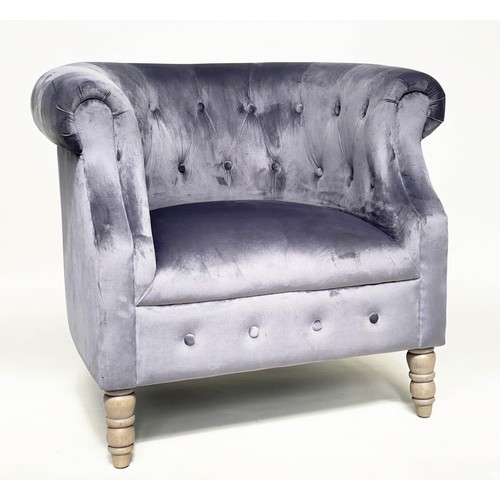 321 - TUB ARMCHAIR, buttoned grey velvet with rounded back and arms, 85cm W.