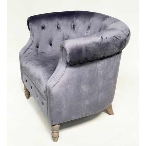 321 - TUB ARMCHAIR, buttoned grey velvet with rounded back and arms, 85cm W.