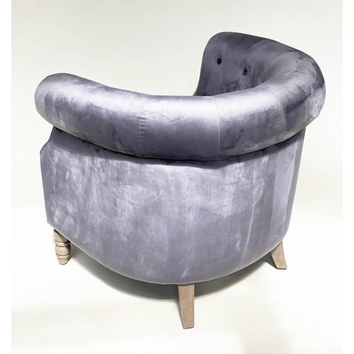 321 - TUB ARMCHAIR, buttoned grey velvet with rounded back and arms, 85cm W.