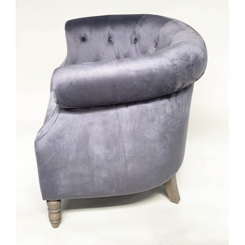 321 - TUB ARMCHAIR, buttoned grey velvet with rounded back and arms, 85cm W.