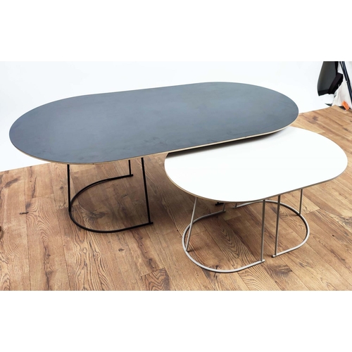 335 - LOW TABLE, 120cm x 65cm x 43cm, black top on metal supports and a smaller white version, 68cm x 44cm... 