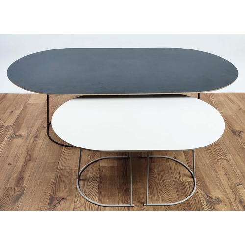 335 - LOW TABLE, 120cm x 65cm x 43cm, black top on metal supports and a smaller white version, 68cm x 44cm... 