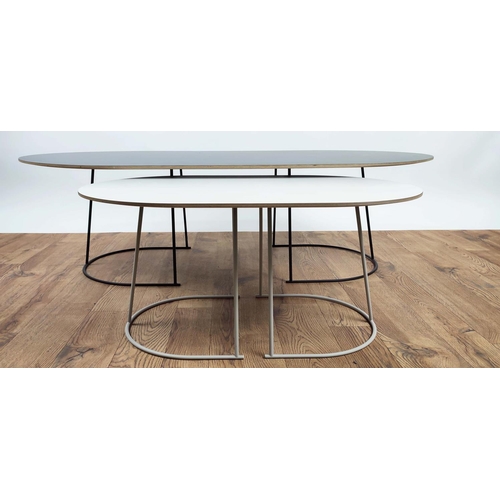 335 - LOW TABLE, 120cm x 65cm x 43cm, black top on metal supports and a smaller white version, 68cm x 44cm... 