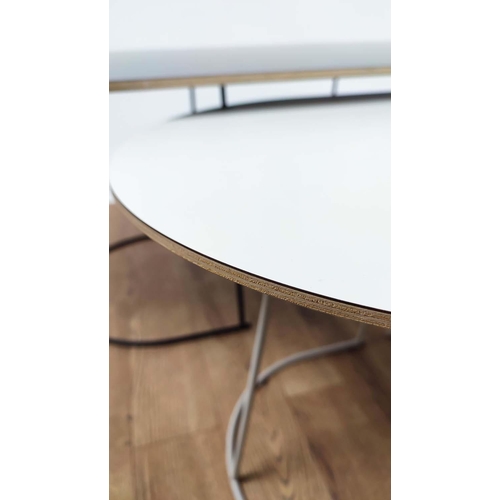 335 - LOW TABLE, 120cm x 65cm x 43cm, black top on metal supports and a smaller white version, 68cm x 44cm... 