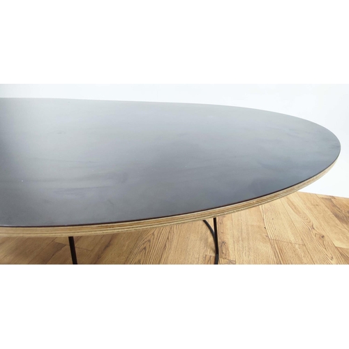 335 - LOW TABLE, 120cm x 65cm x 43cm, black top on metal supports and a smaller white version, 68cm x 44cm... 