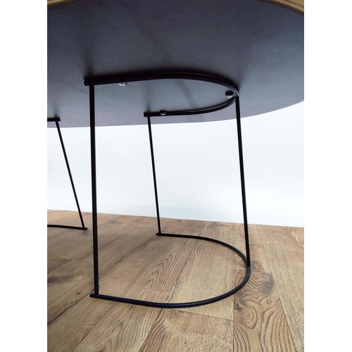 335 - LOW TABLE, 120cm x 65cm x 43cm, black top on metal supports and a smaller white version, 68cm x 44cm... 