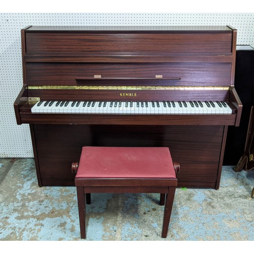 329 - KEMBLE STUDIO UPRIGHT PIANO, mahogany effect adjustable stool, 110cm H x 130.5cm x 49cm.