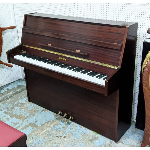 329 - KEMBLE STUDIO UPRIGHT PIANO, mahogany effect adjustable stool, 110cm H x 130.5cm x 49cm.