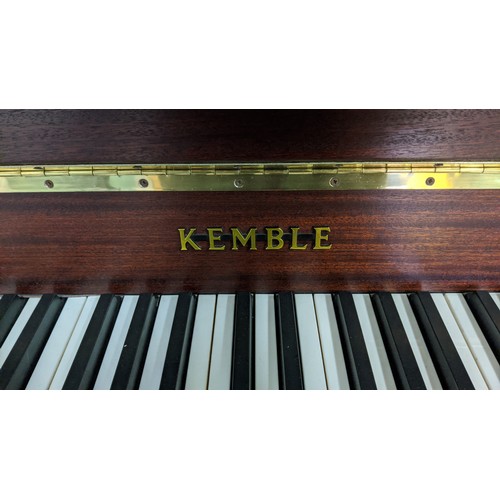 329 - KEMBLE STUDIO UPRIGHT PIANO, mahogany effect adjustable stool, 110cm H x 130.5cm x 49cm.