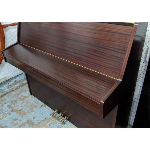 329 - KEMBLE STUDIO UPRIGHT PIANO, mahogany effect adjustable stool, 110cm H x 130.5cm x 49cm.